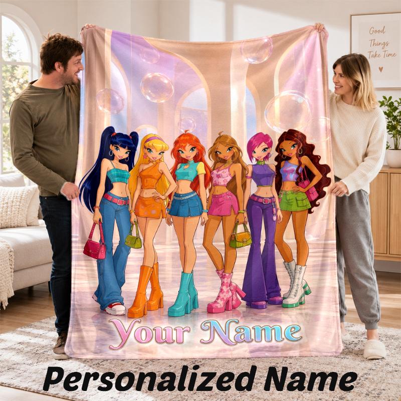 Custom Name Winx Club Flannel Throw Blanket Personalized Text Soft Blanket Bed Sofa Gift