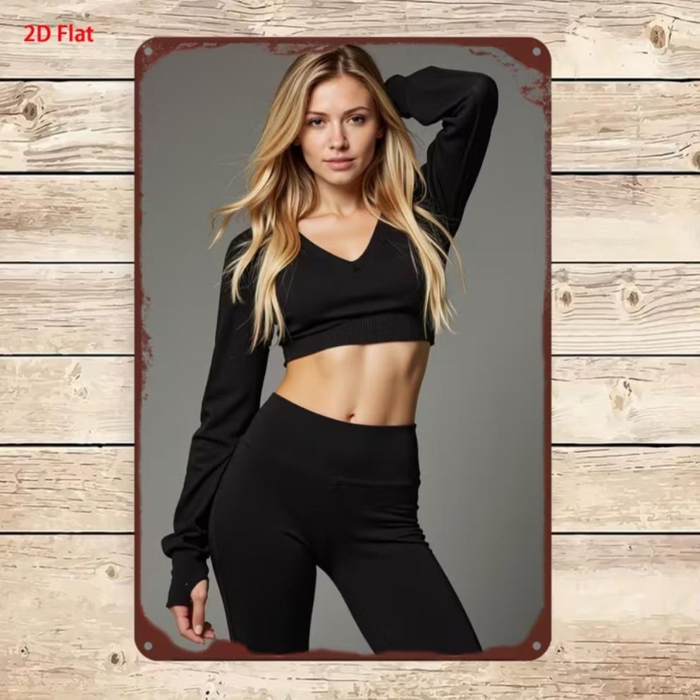 Vertical Metal Tin Sign Blonde Woman Yellow Crop Top Denim Shorts Wildflower Scenery Wall Hanging Decor