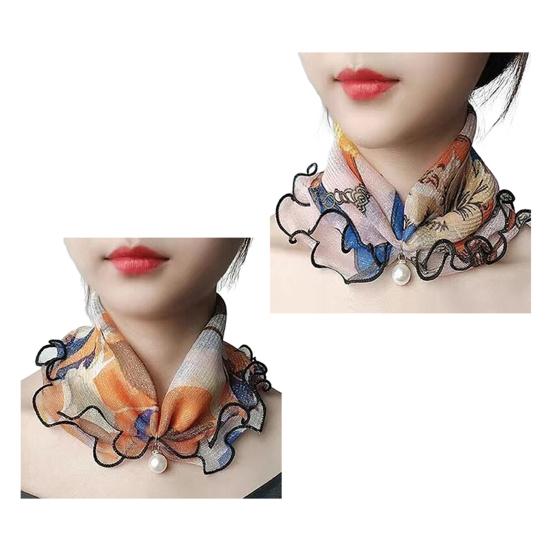 2Pcs Women Faux Silk Scarf Printing Faux Pearl Decor Lace Trim Lightweight Scarf Hand