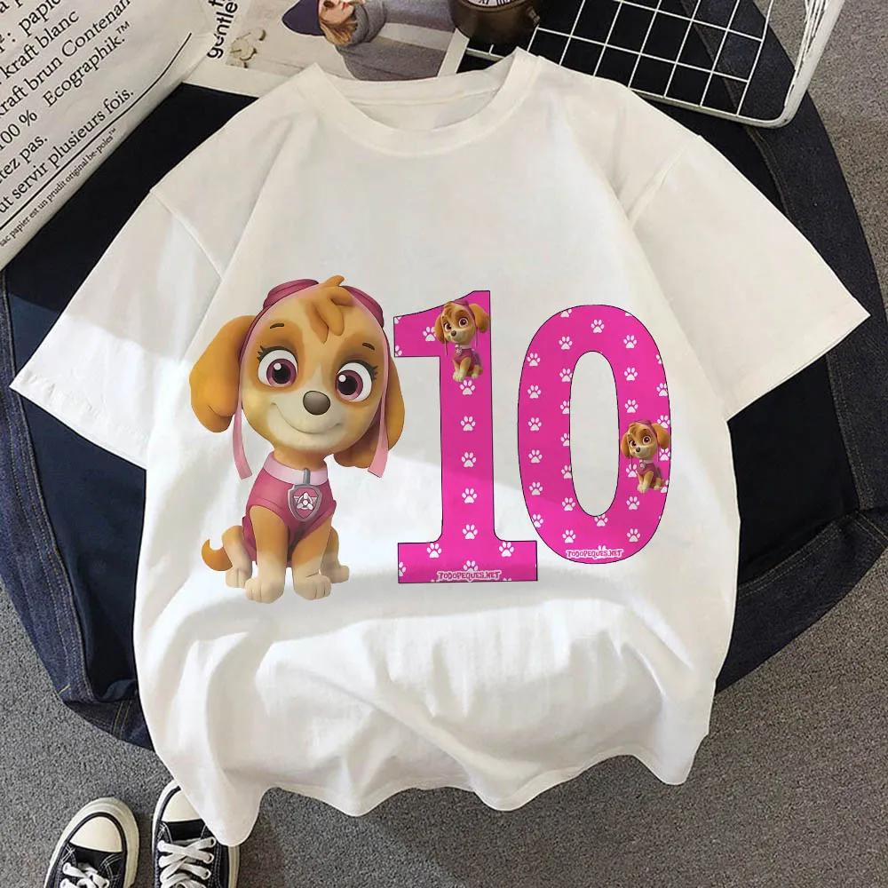 Paw Patrol Birthday Number Tee Shirt Baby Summer Cotton T Shirt Boy Girl Chase Skye Printed Kid Clothes Cartoon Letter Tops Gift