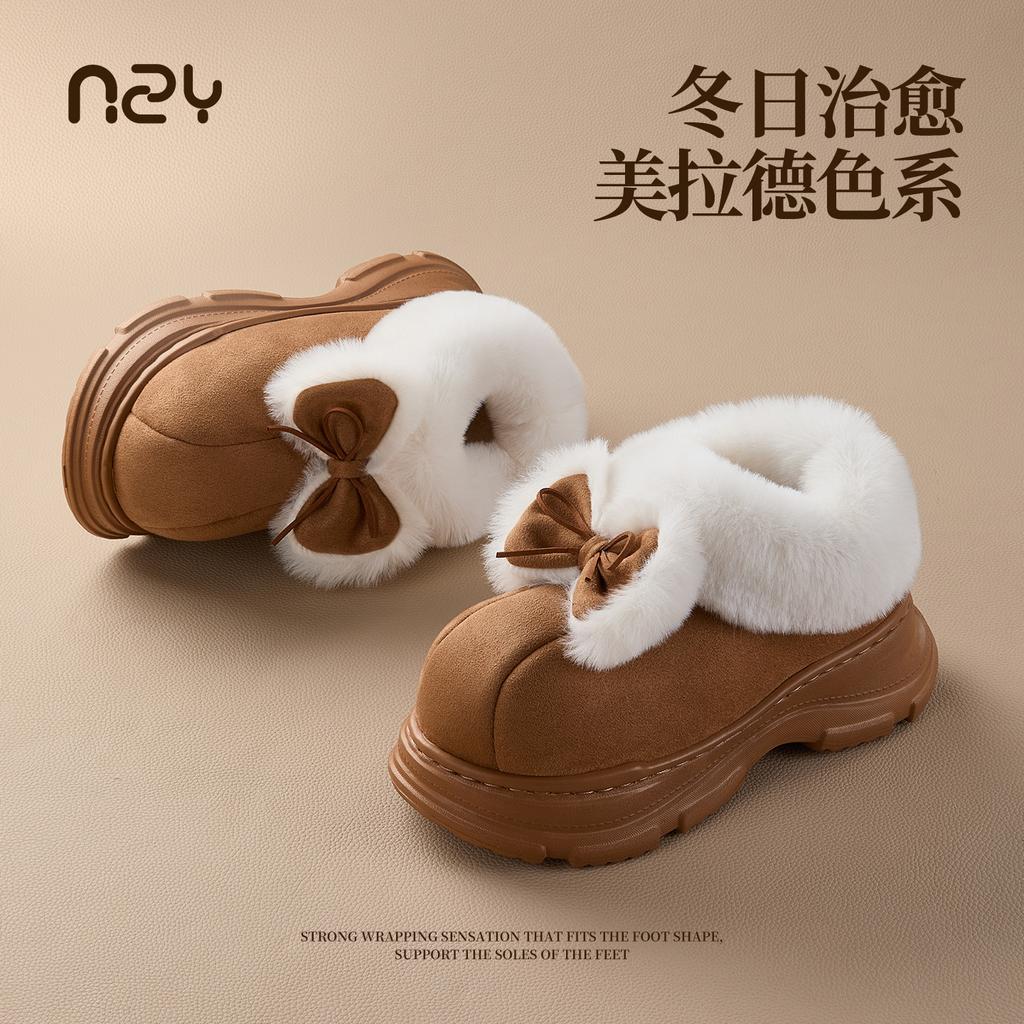 2025 new bow cotton shoes home indoor velvet warm outer wear heightening non-slip snow boots