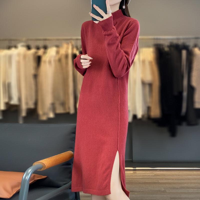 

Длинное шерстяное платье для женщин с воротником-стойкой на пряжке. Новинка осени и зимы. Приятное к коже и теплое. Ретро, универсальное, кашемировое вязаное платье-юбка. S