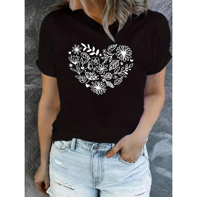 Floral Heart Print T-shirt, Short Sleeve Crew Neck Casual Top for Summer & Spring, Women's Clothing