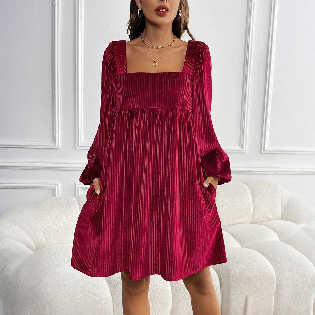 Womens Loose Fit Square Neck Long Sleeve Velvet Babydoll Dresses Dress