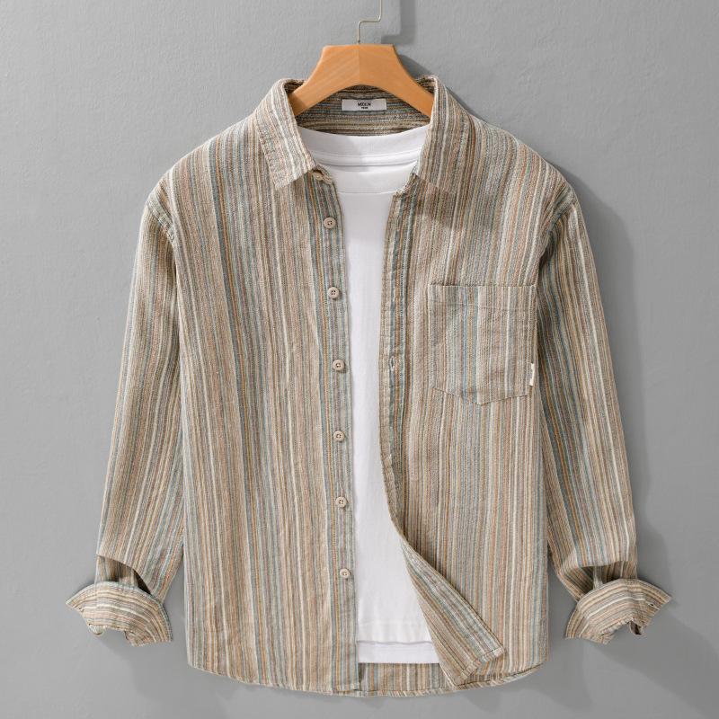 Spring Fall Japanese Vintage Striped Long Sleeve Shirt Men Street Style New Fashion Men Tops Lapel Collar Pocket Men's Casual Shirt