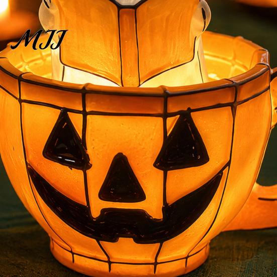 Retro Halloween Light Ghost Reading Book Lamp, Stained Glass Style Night Light, Resin Spooky Warm Orange Pumpkin Bedside Lamp for Bedroom, Living