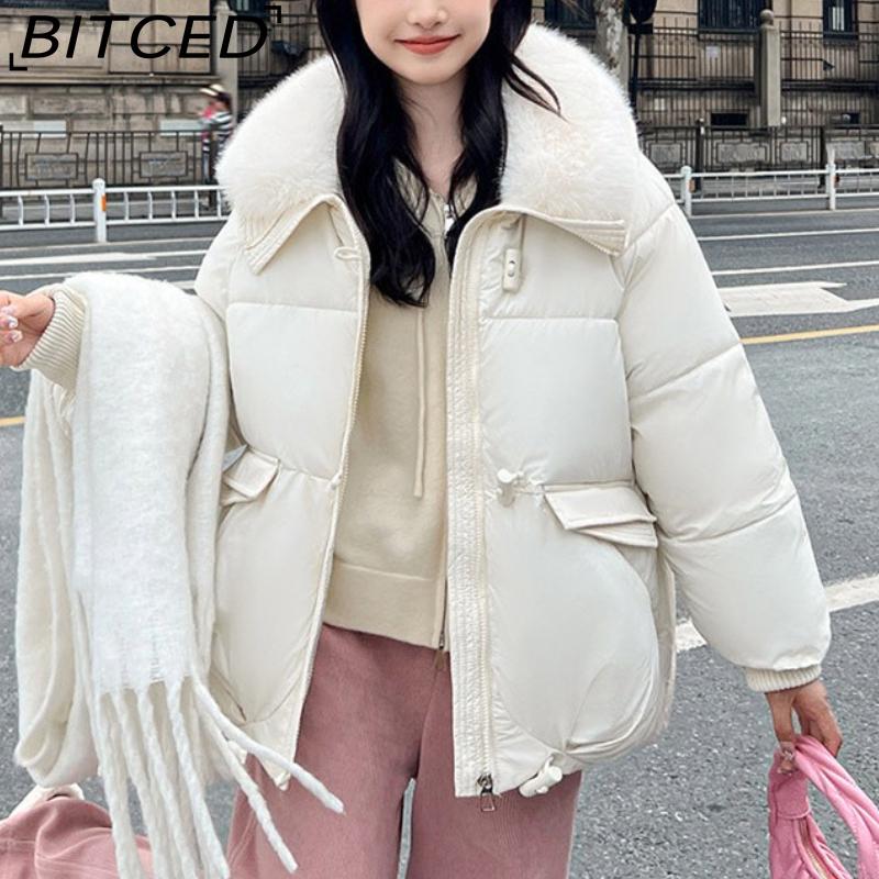 BITCED Women's Short Down-Filled Cotton Jacket with Oversized Fur Collar - Winter Fashion Coat