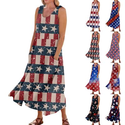 Damenmode Lässiges Kleid mit Unabhängigkeitstag-Aufdruck, ärmellos, aus Baumwolle und Leinen, mit Taschen