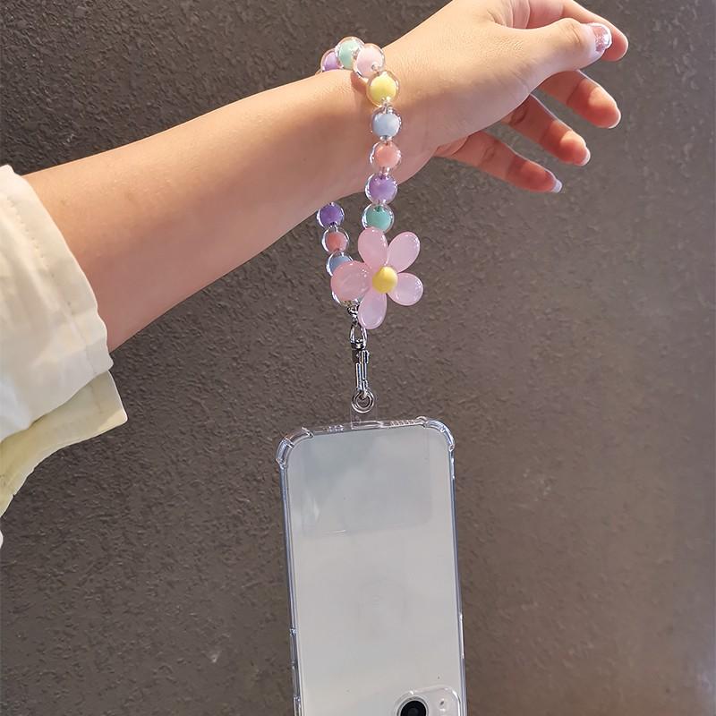 1PC Phone Anti-lost Lanyard Key Short Wrist Pendant Colorful Macaron Round Bead Pendant Women's Hand-held Chain Mobile Phone Lanyard