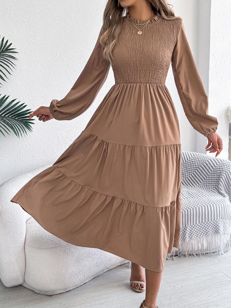 women's Ruffle Mock Neck Smocked Puff Long Sleeve Tiered Midi Dress Solid Color A Line Dress