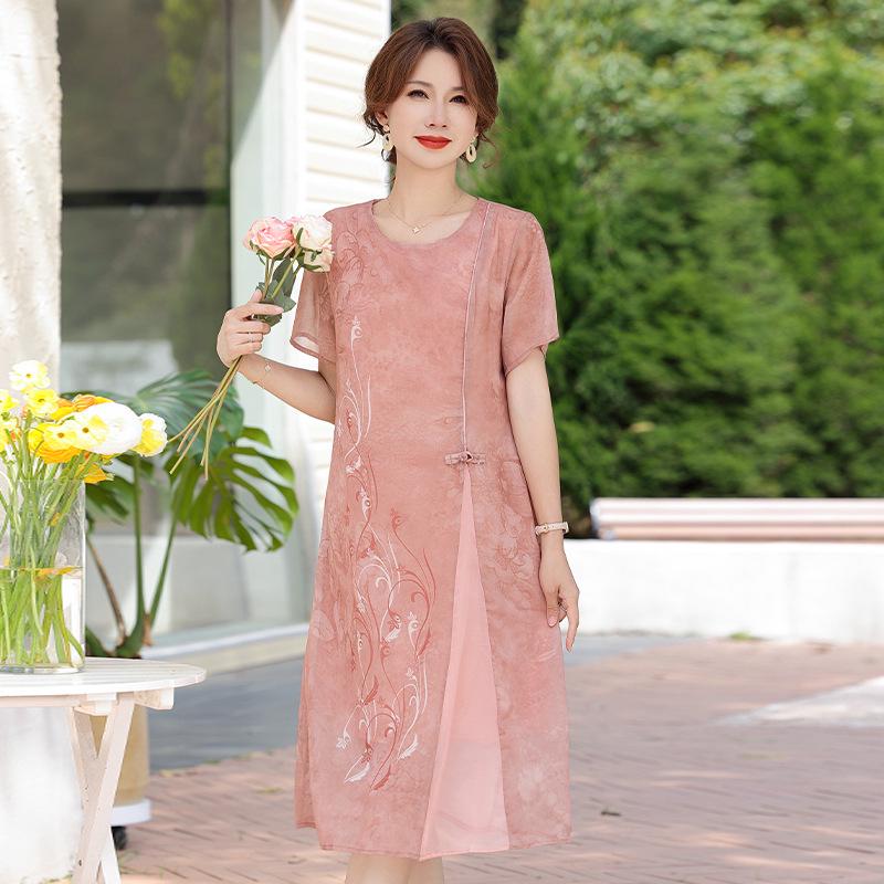 

Mother s Day Summer Qipao Dress for Middle-Aged Women 2XL розовый