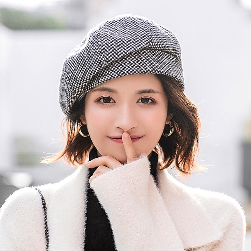 

Женский осенне-зимний берет в клетку - корейский стиль, трендовый, универсальный, милая британская шляпа-тыква для японских студенток. One size fits 56-58cm head circumference чёрный