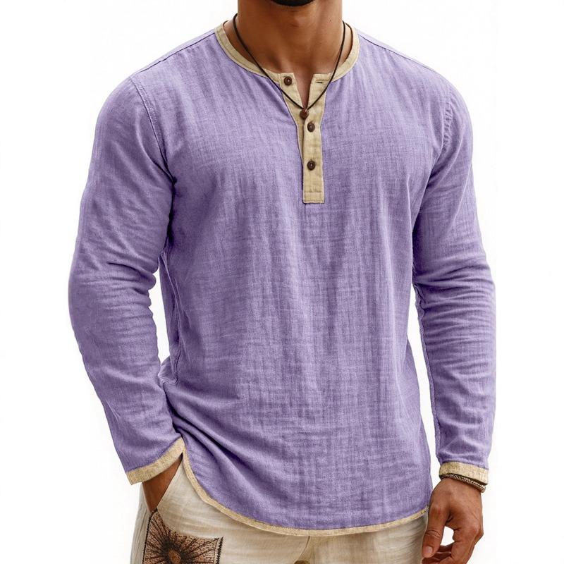 Summer European American Men's Clothing Floral Two-color Henley Shirt 3 Buttons Men's Casual Long Sleeves