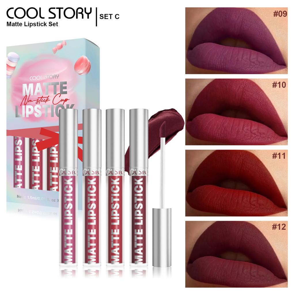 4 Velvet Lip Gloss Set Matte Color-fixed Non-stick Cup Liquid Lipstick Long-lasting Color-retaining Waterproof and Sweat-proof Cosmetics