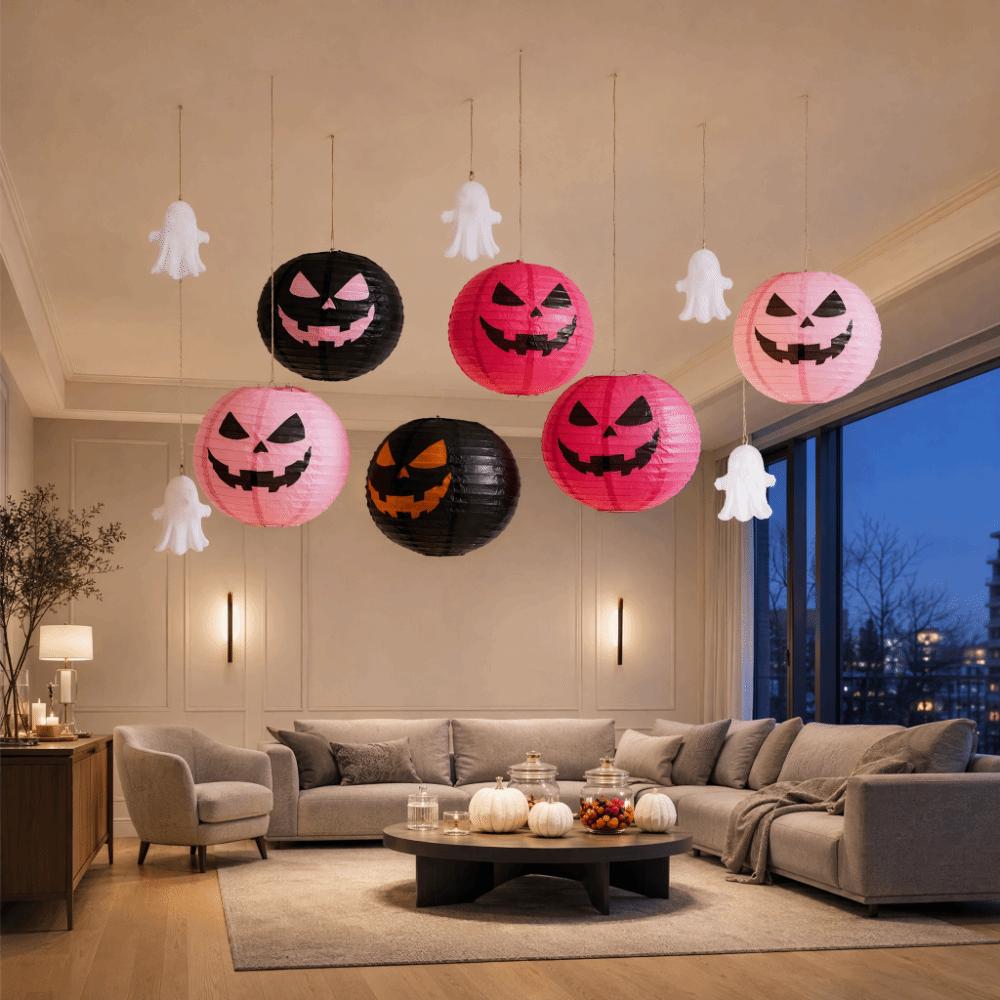 Handmade Halloween Lanterns Color-Blocked Round Paper Lanterns Hanging Lamp Ball  Pub Decor