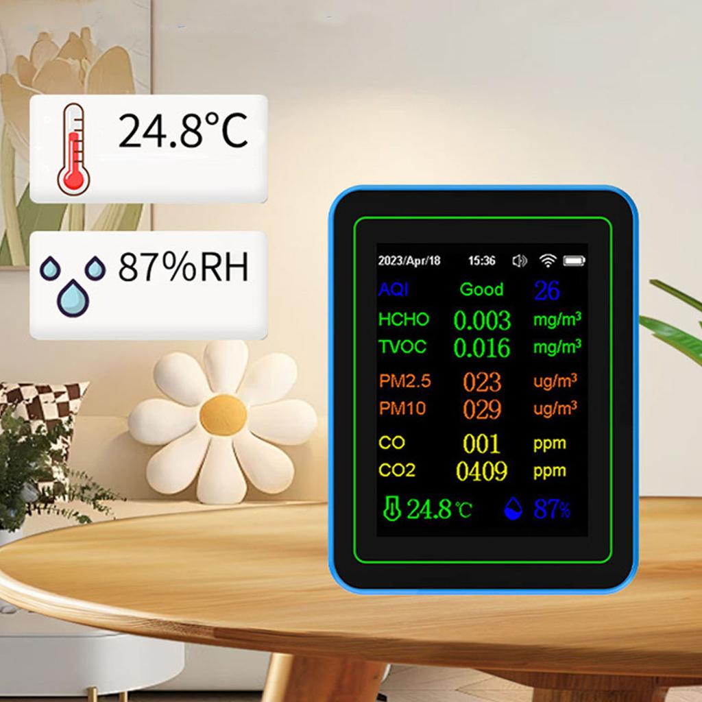 Quality Meter 12 In 1 WiFi CO2 TVOC HCHO Temp Humid Smart Detect Indoor Battery Powered with Time Display