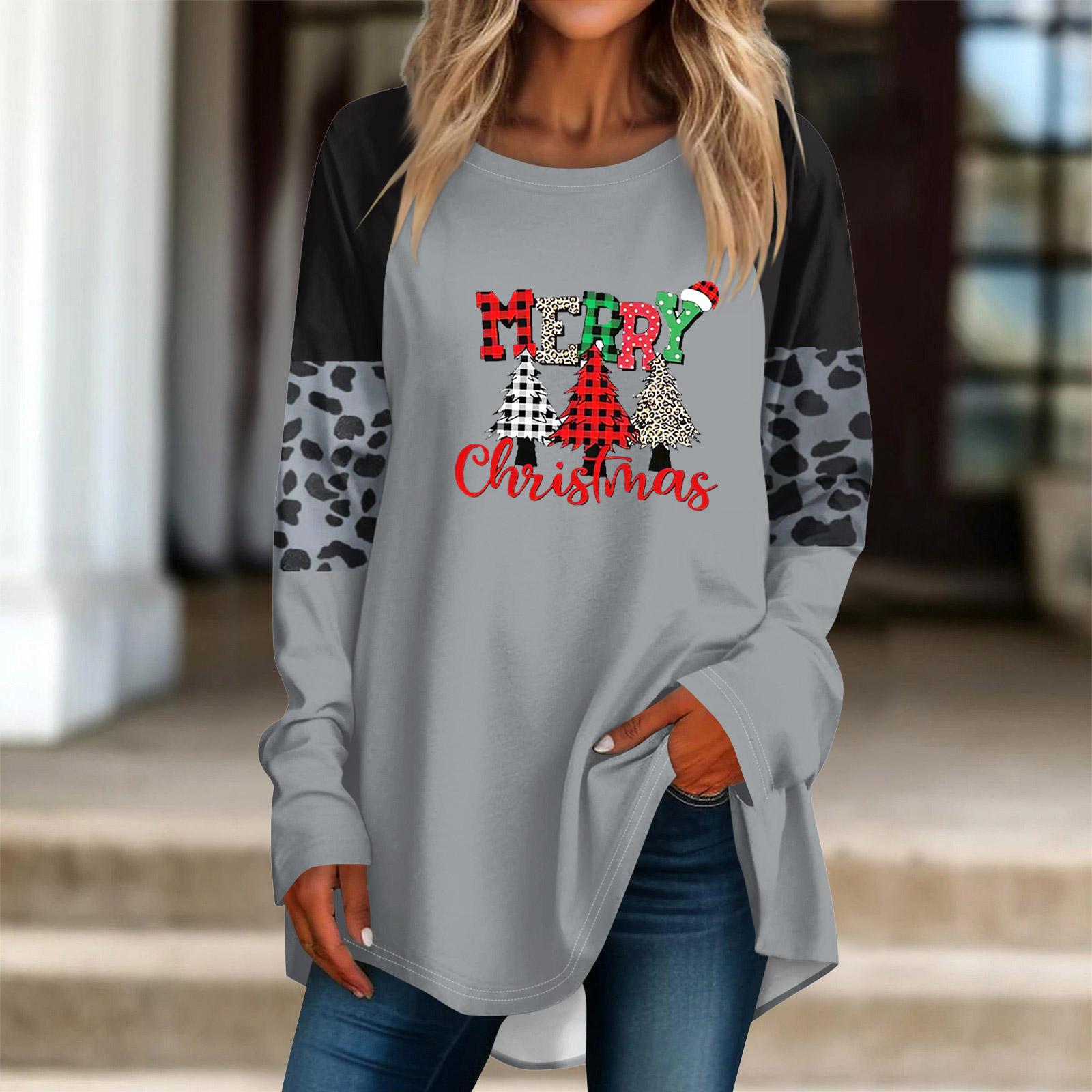 

Fashionable Women s Loose Round Neck Christmas Small Print Long-sleeved T-shirt Top Pullover XL