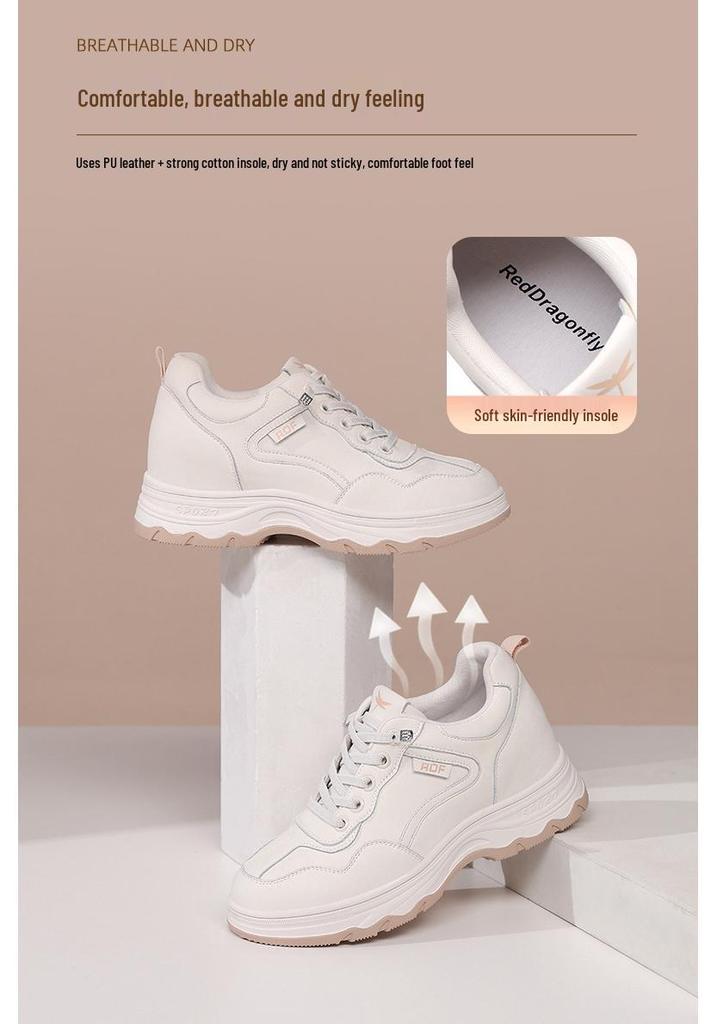 Red Dragonfly Women's White Leather Dad Shoes - Thick Sole, Hidden Height, Non-Slip Casual Sports Shoes for Autumn