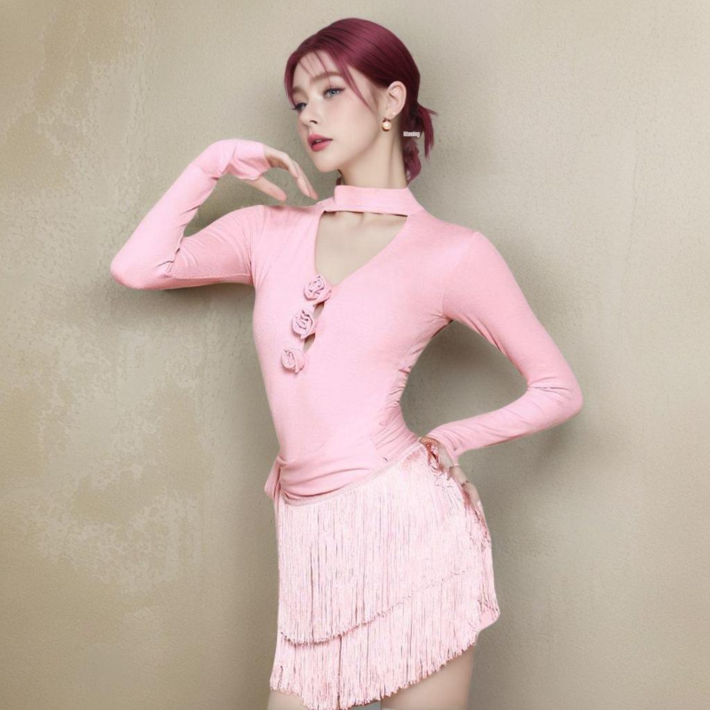 Women's Slimming Long-Sleeve Latin Dance Bodysuit with Chest Pads - European & American Hollow-out Design