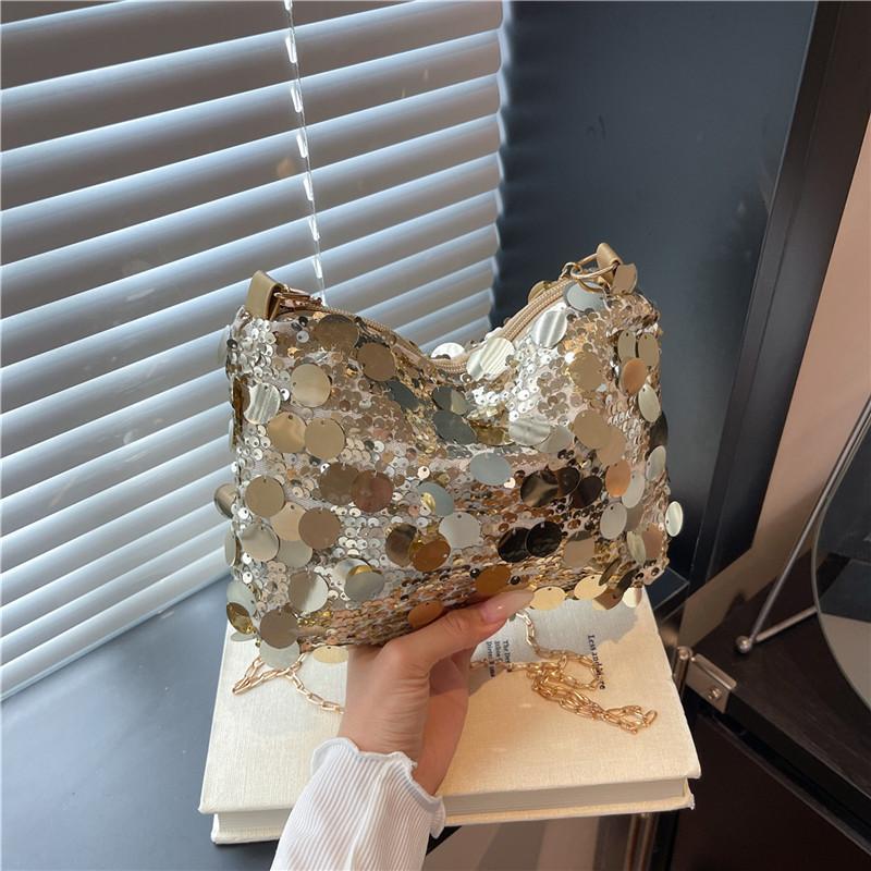 

Fashion sequined chain bag Casual versatile women s shoulder bag Premium texture small square bag Crossbody bag золотой