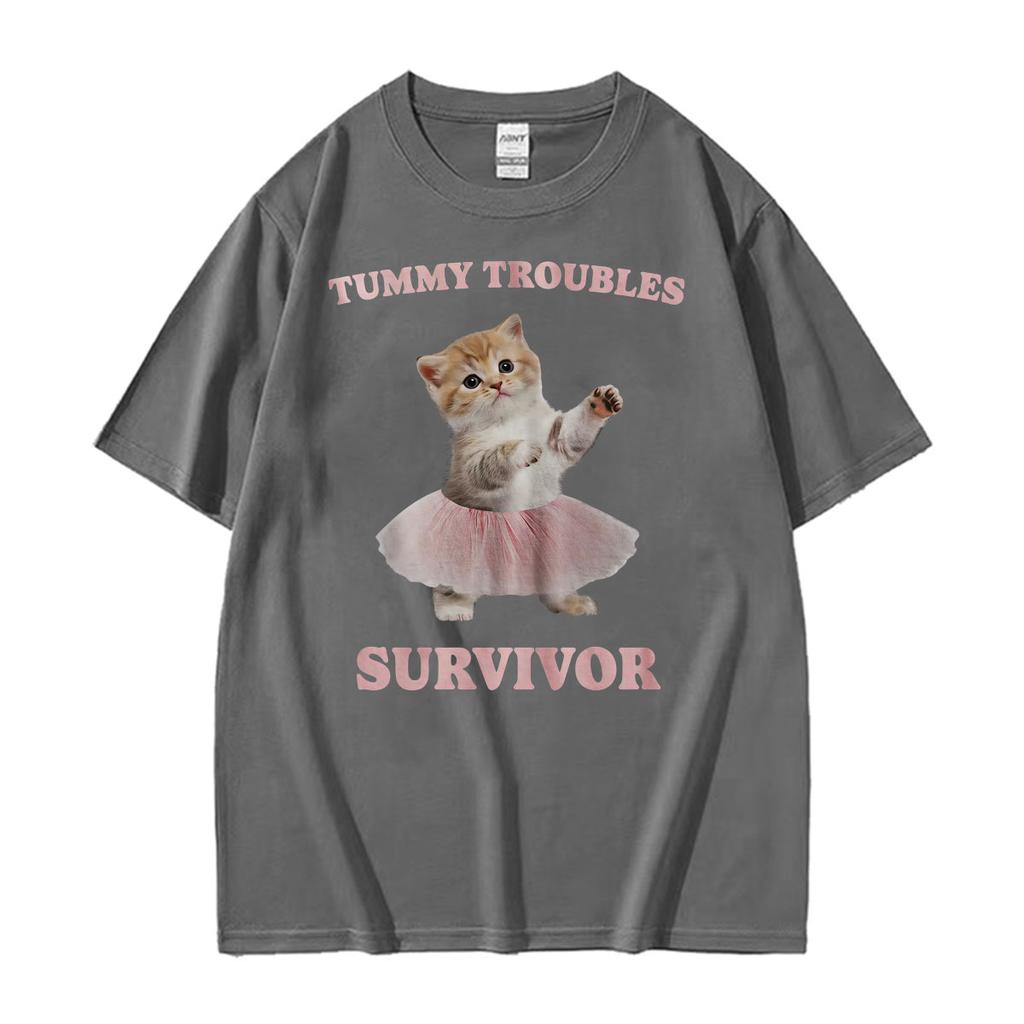 Tummy Troubles Survivor Funny Cat Meme Graphic T Shirt Unisex Unisex Fashion Humor Kawaii Tshirts Cotton Loose High Quality Tshirt