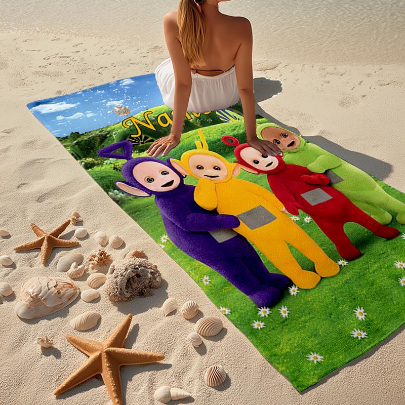 Custom Name Ultra-Soft Beach Towel with Teletubbies Theme,Ideal for Pool - Camping, Diving - Perfect Travel Essential, Vibrant Beach Towel.