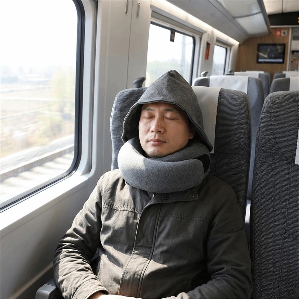Breathable Hooded Neck Pillow Soft Support Adjustable Foam Travel Pillow with Storage Bag U-Shaped Travel Pillow Airplane Use