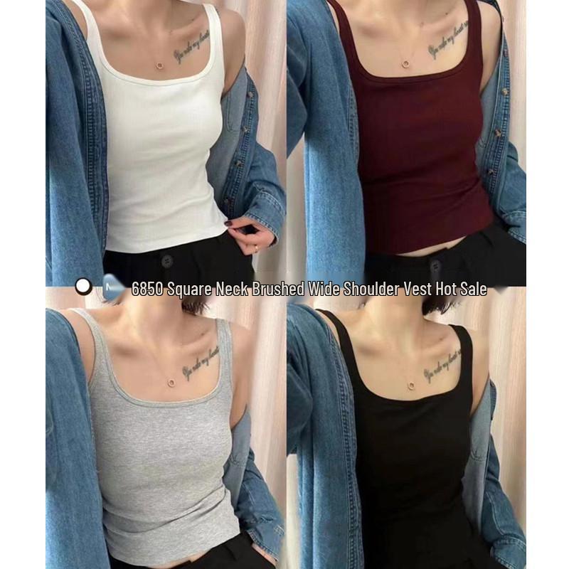 Women's Brushed Square Collar Thin Velvet Fixed Cup Camisole Vest - Autumn/Winter Trendy Layering Top