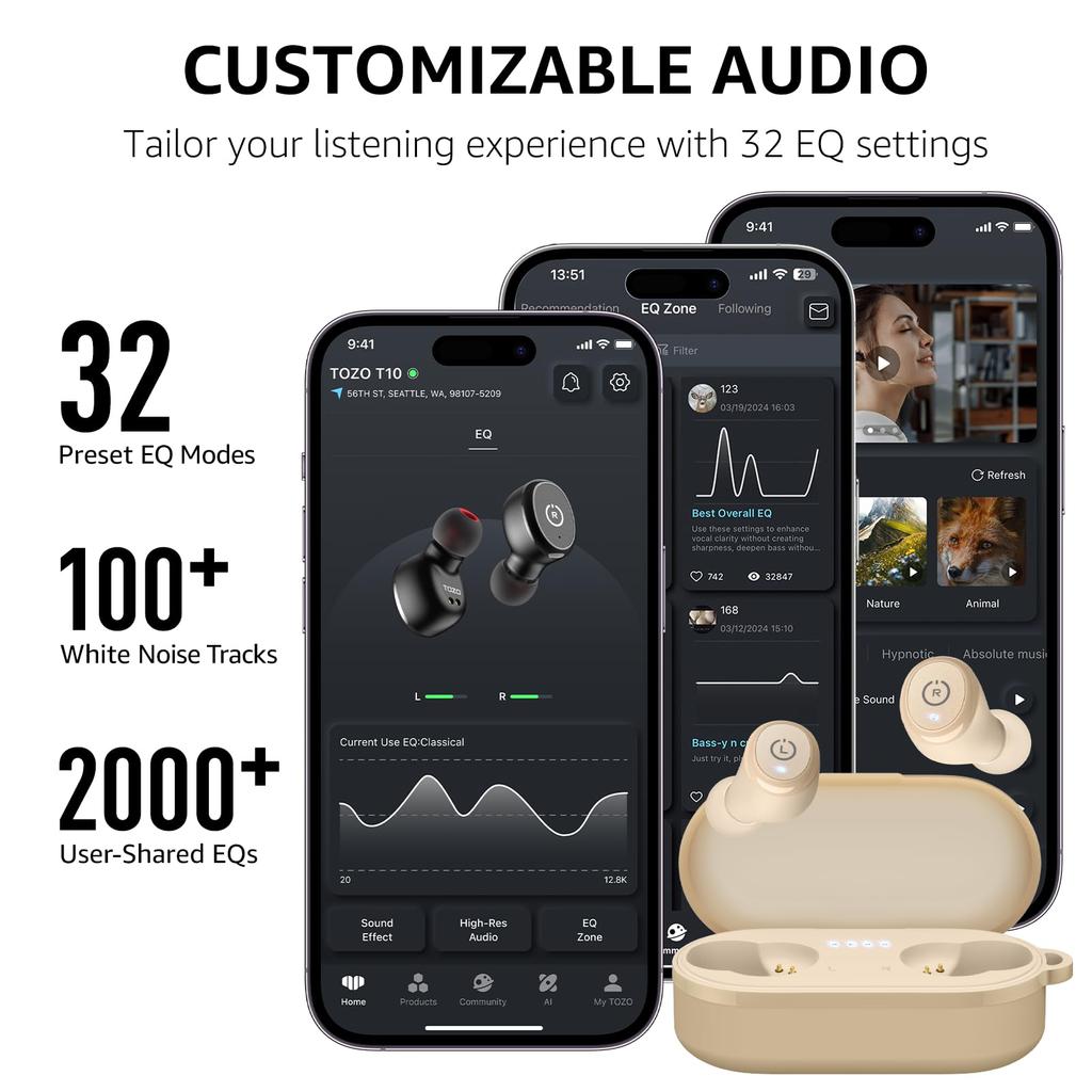 TOZO T10 Bluetooth Sans Fil Son Chaud Compact et avec Annulation de Bruit ENC pour Application Personnalisée IPX8 Jusqu'à 55 Heures de Charge Sans Fil Rapide Continue Parfait
