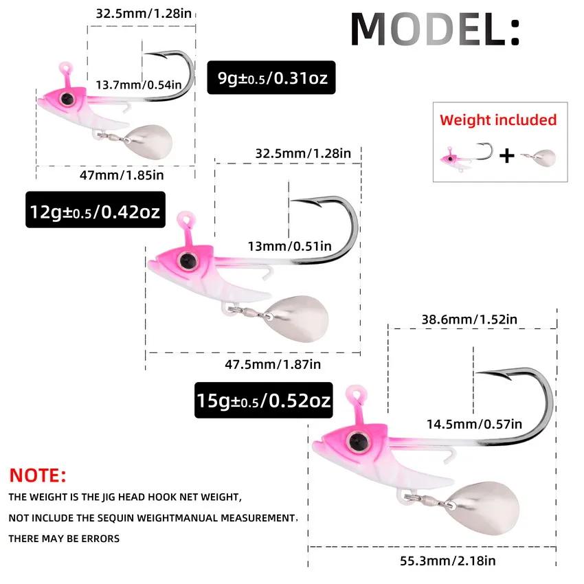 5pcs Jig Head 7.5g 10.5g 15g Fishing Lures Sinking Rotating Sequin Metal Spoons Fishing Hooks Jigs Fishhook Baits Tackle