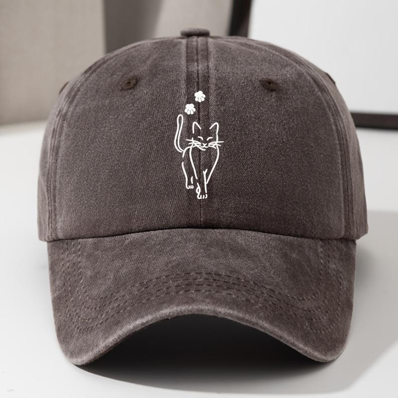 Niedliche Baseballkappe mit Katzenaufdruck, Retro-gewaschene Denim-Kappe mit gebogenem Schirm, verstellbare Outdoor-Reisekappe