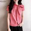Women Casual Round Neck Loose Short Sleeve Grid Print Blouse