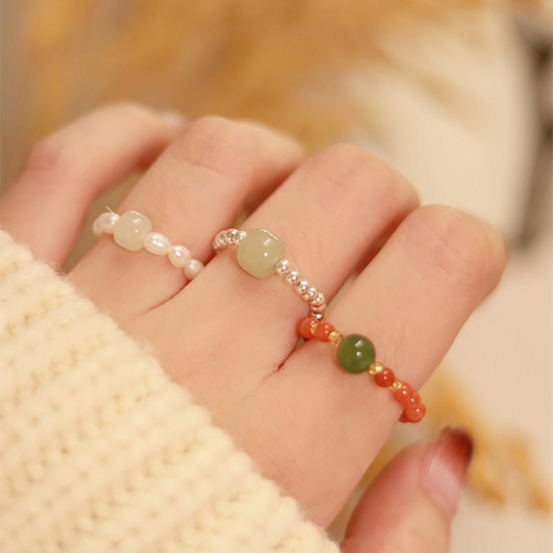 Hot Sale Hetian jade, southern red agate, pearl ring, beaded woven finger ring DIY Women's simple and fresh accessories