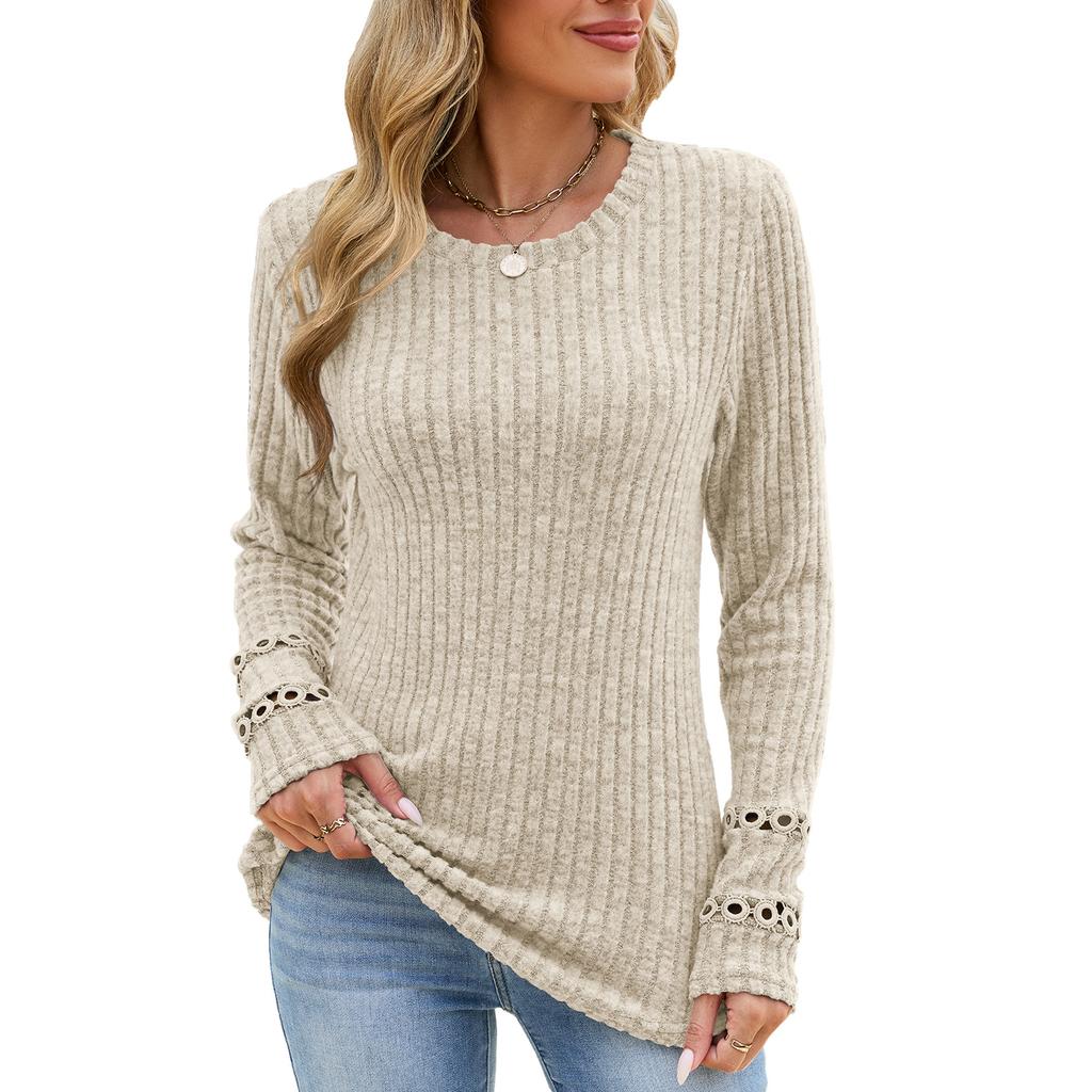 Women's Round Neck Brushed Ribbed Long Sleeve T-Shirt Lace Cuff Loose Solid Color Casual Top Autumn Winter