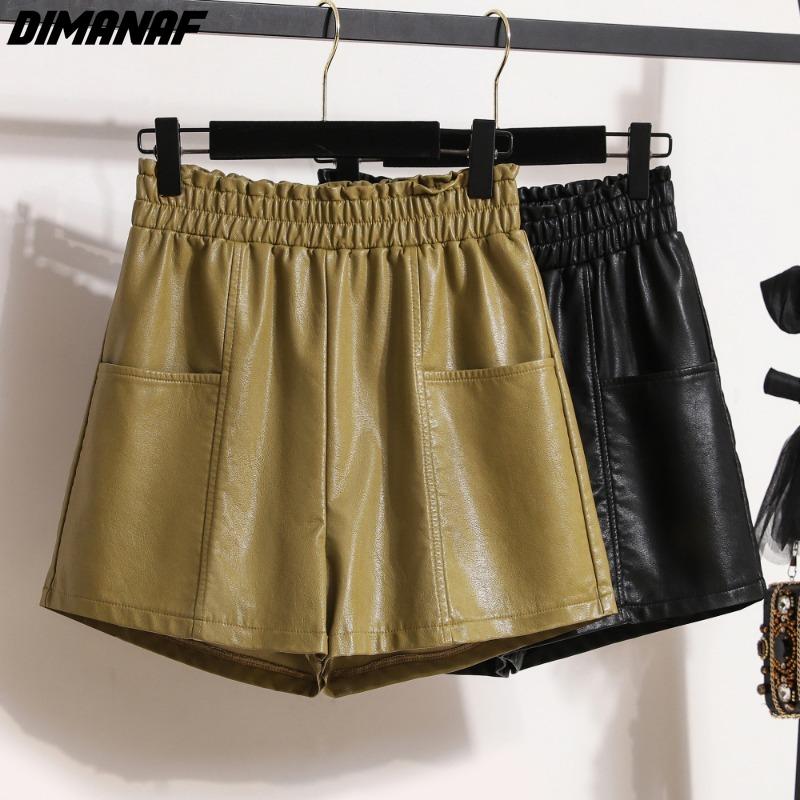DIMANAF 2023 Plus Größe Herbst Winter Shorts Frauen Neue Schwarz PU Leder Casual Lose Breite Bein Hosen Kurze Hosen