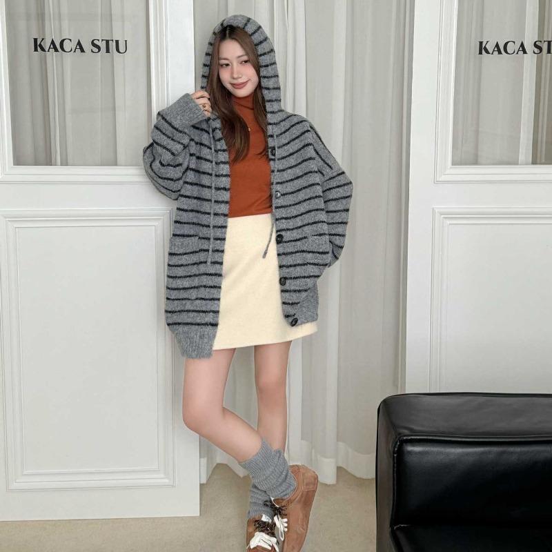 Hooded striped casual knitted cardigan women's autumn and winter new fashion loose lazy sweater jacket