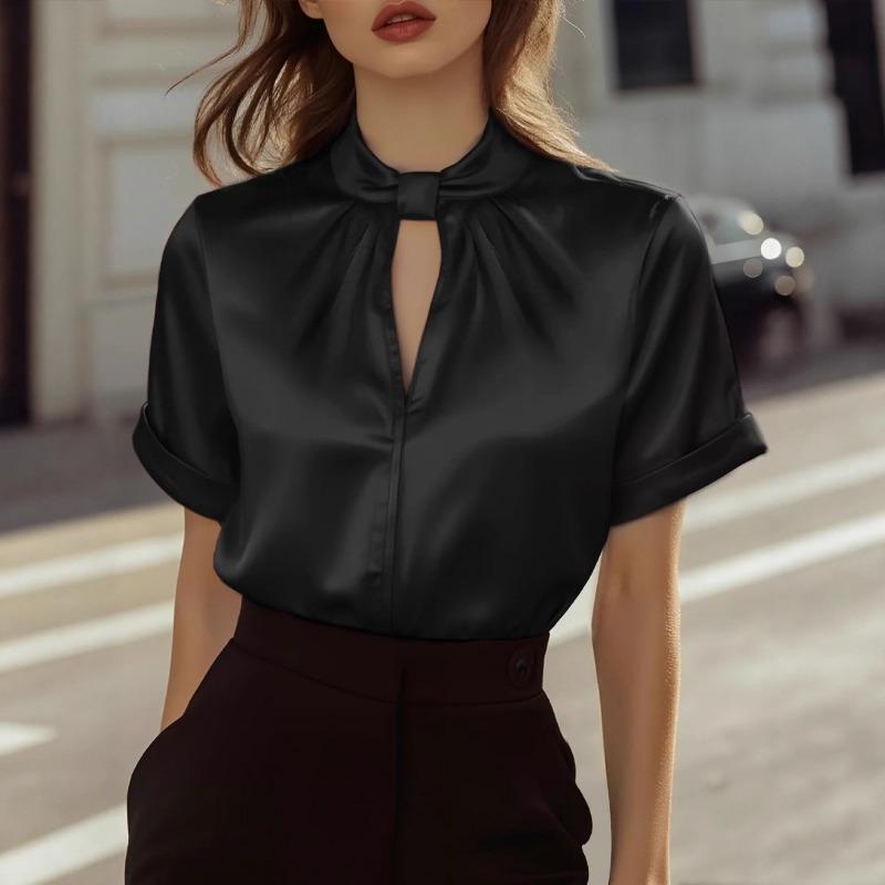 Летняя новая женская однотонная атласная рубашка с коротким рукавом S