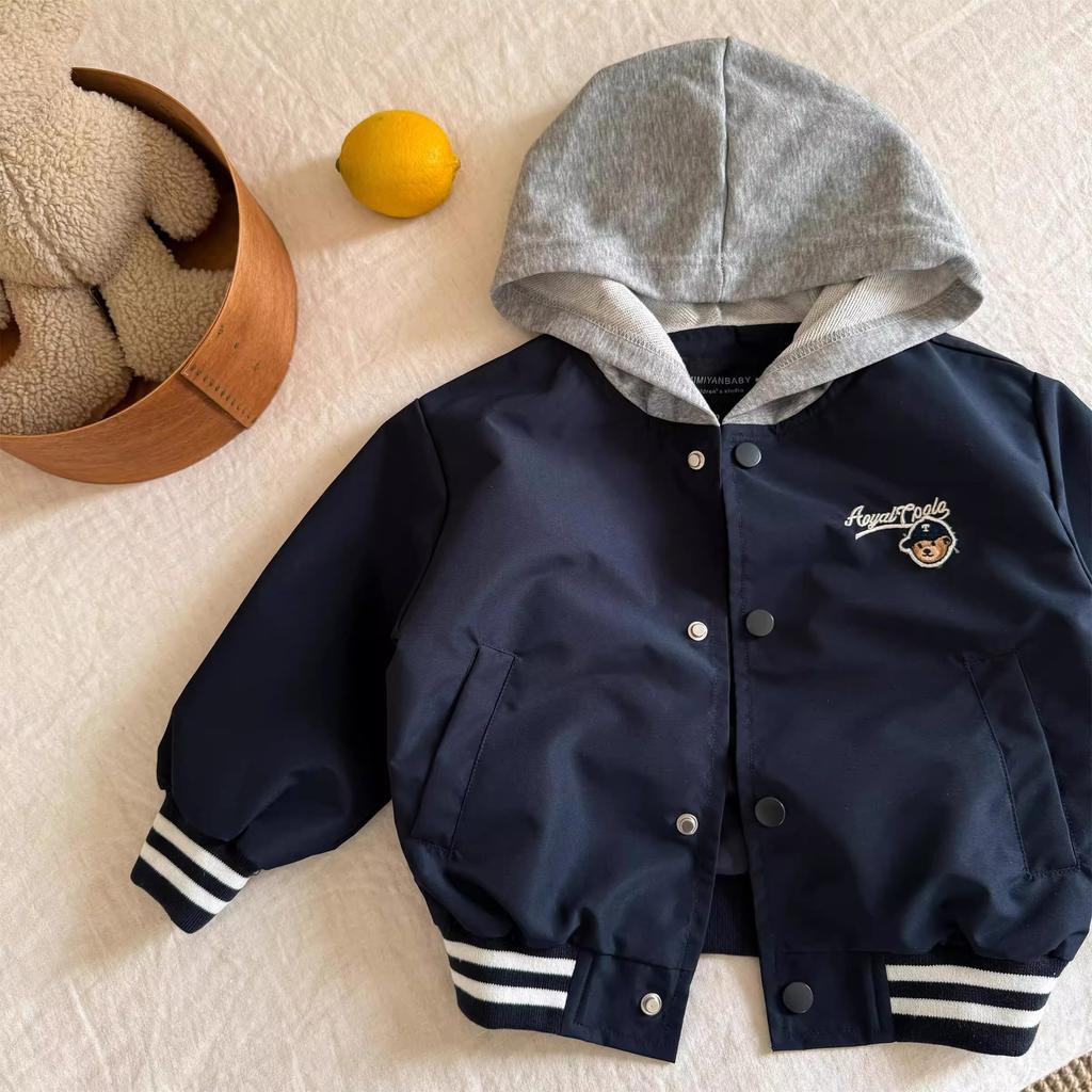 Kids Spring Autumn Hooded Baseball Jacket with Cartoon Embroidery for Boys and Girls