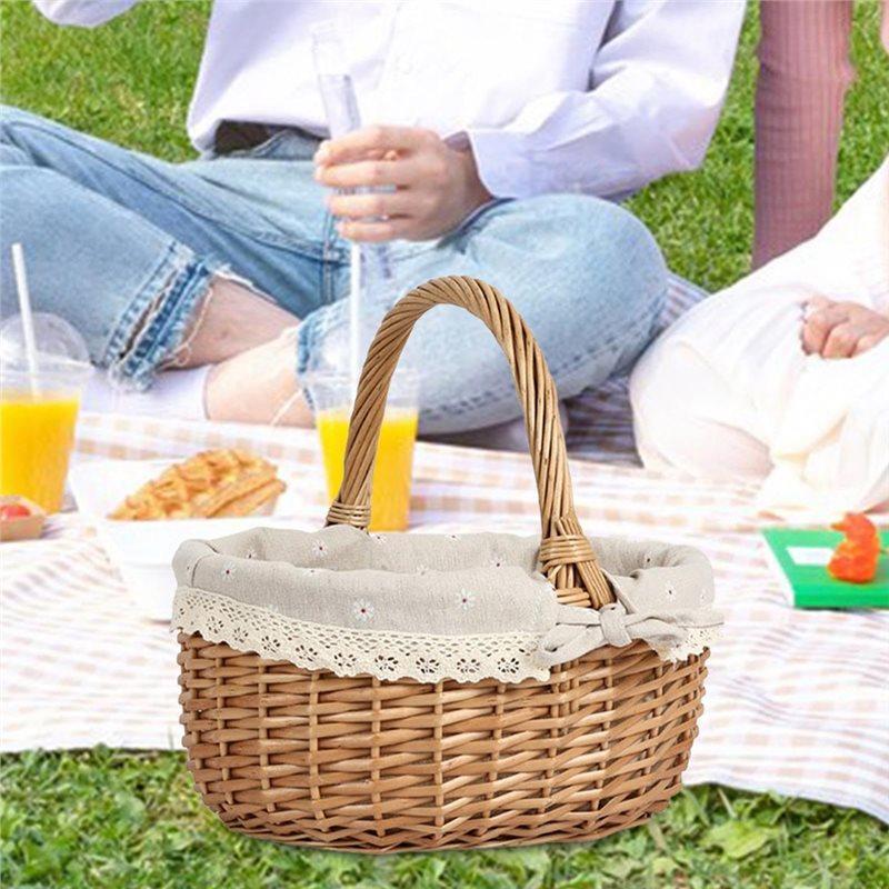 J1UL1N Rattan Hand Made Oval Picnic Storage Basket For Indoor Outdoor 28X26x23cm