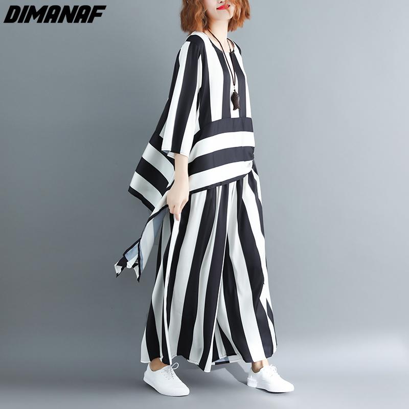 DIMANAF Plus Size Women Blouse Two Piece Set  Striped Shirts Bat Sleeve Summer Chiffon Home Tops Suit Loose Casual Solid Female Oversize