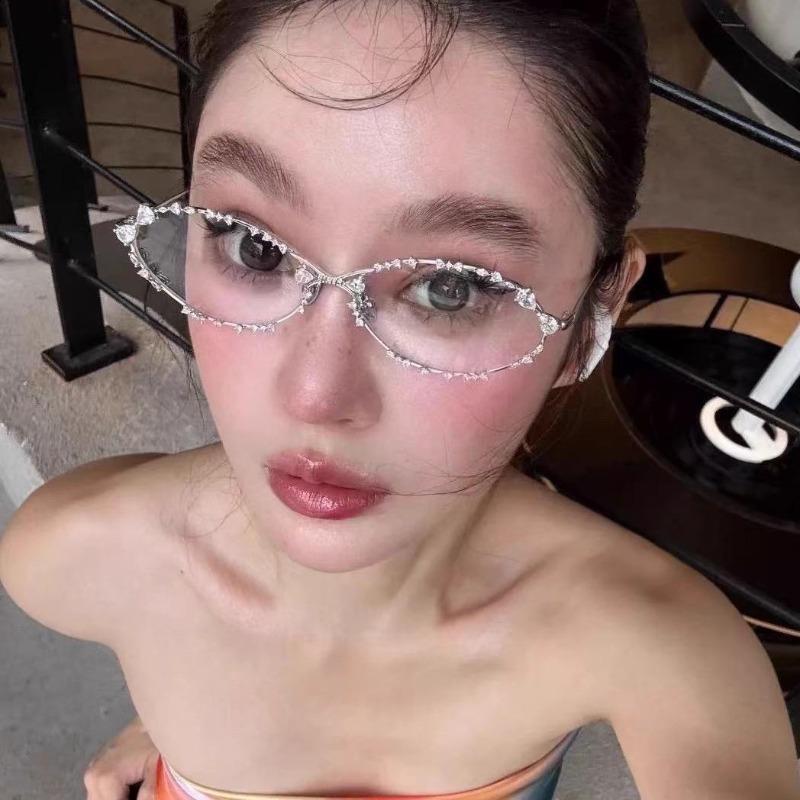 Fashion Diamond Ellipse Glasses for Women Crystal Bowk Metal Blue Light Blocking Glasses Japanese Retro Reading Y2K Eyeglasses