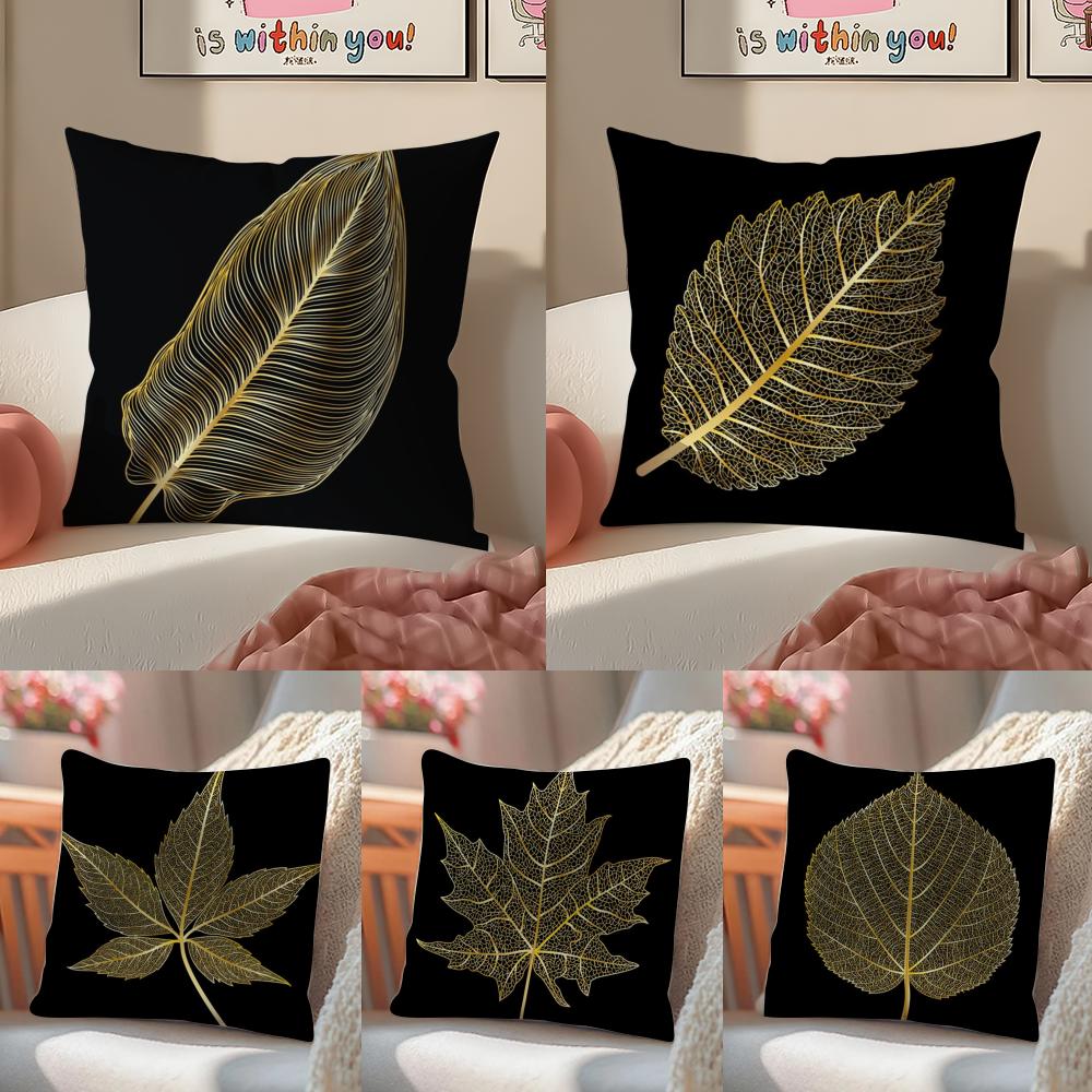 Elegant Shiny Golden Leaf Branch Pattern Cushion Cover Linen Pillowcase Cover Soft Decor for Sofa Home Room