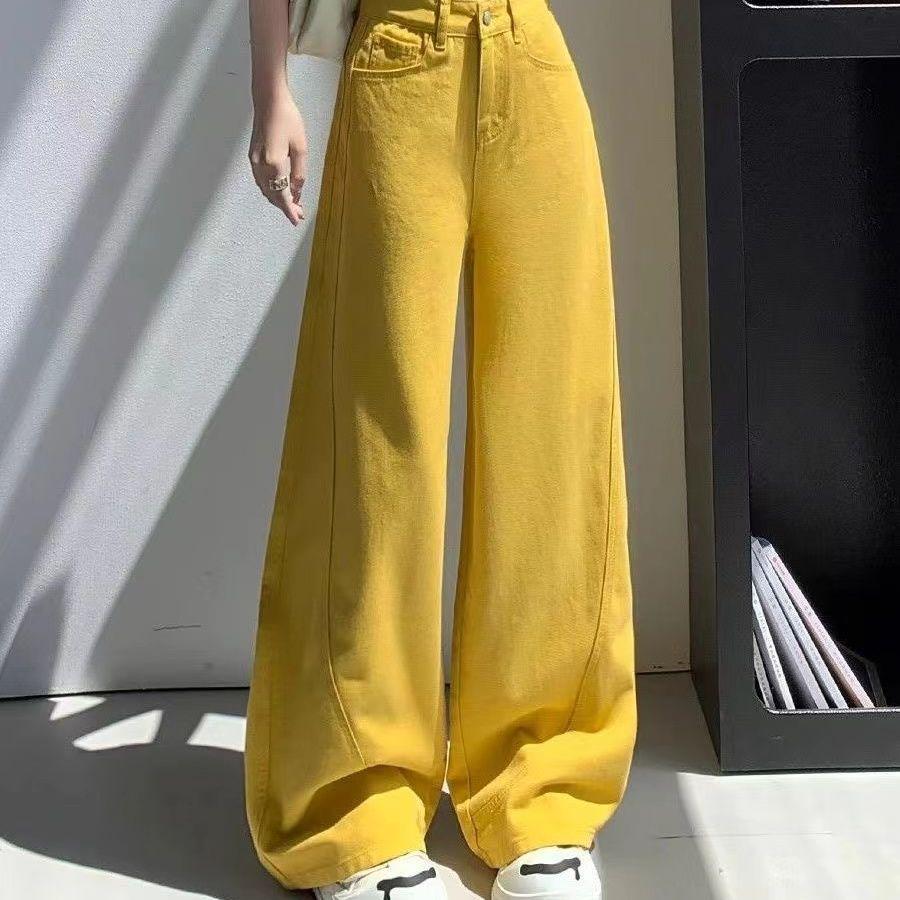 

Женские желтые джинсы с высокой талией и широкими штанинами - Летние повседневные брюки-косынка, прикрывающие бедра, 2026 XS