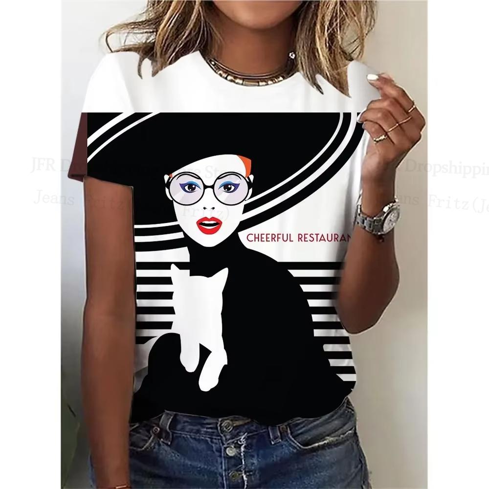Summer Round Neck 3D Lady Face Graphic Print Top Fashionable Casual Short Sleeved Women's T-shirts