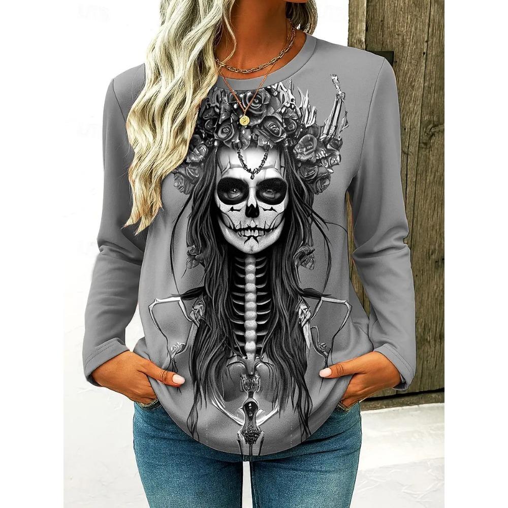 Women's Halloween 3D Printed Skull Long Sleeve T-shirts Autumn Loose Casual Round Neck Fashion Top