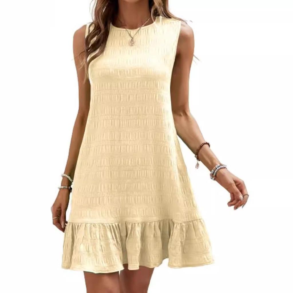 Pleated Fabric Dresses Women O Neck Pullover Sleeveless Splice Hem Dress Female Summer Comfortable Casual Commuter Gown