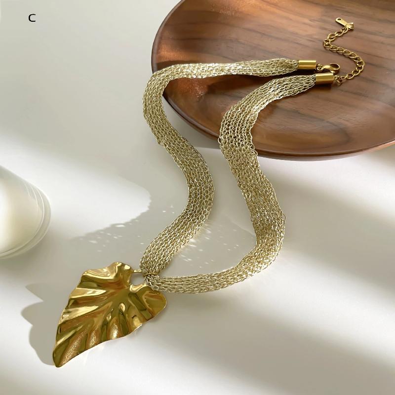 Stainless Steel Exaggerated White Resin Conch Leaf Sun Pendant Necklace For Women Trendy Knitted Mesh Belt Chain