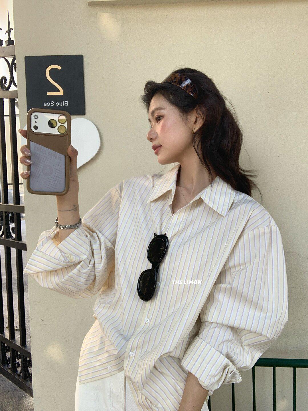

Limon Lemon Green Tea Striped Women s Loose Lapel Long Sleeve Shirt, Early Spring 2025 One Size жёлтый