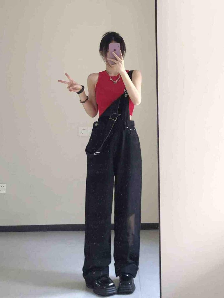 Damen Schwarz Denim High Waist Weites Bein Jumpsuit - Frühling/Herbst Altersmindernd Bodenlang Overalls
