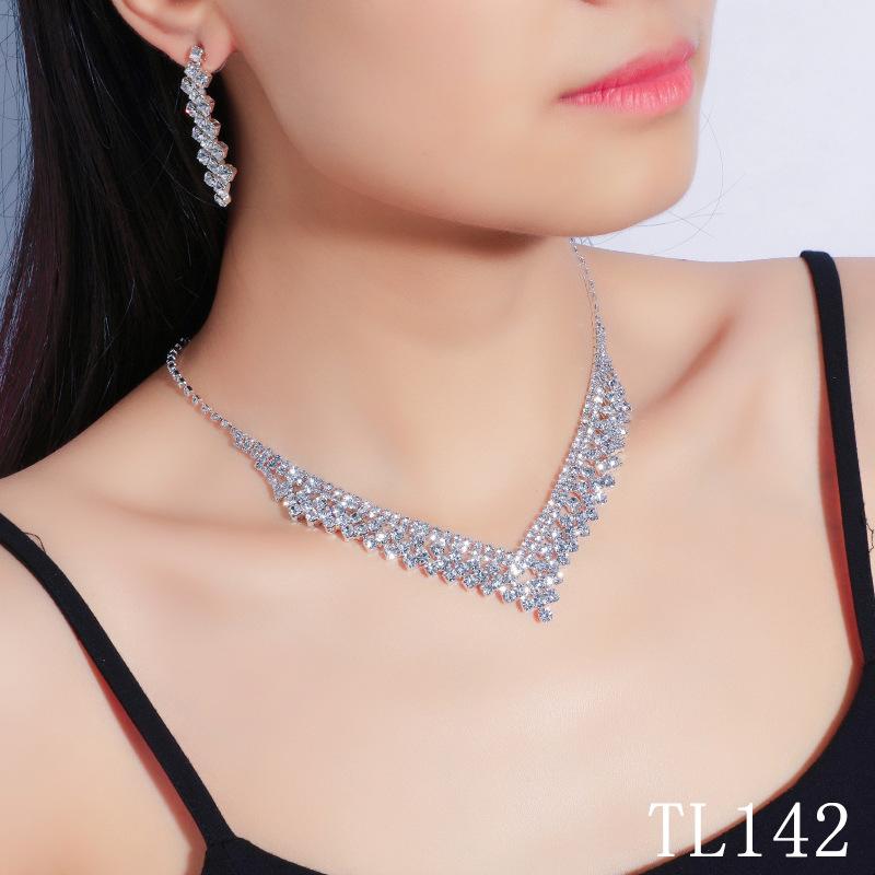 

V-Shaped Luxury Diamond Clavicle Necklace Earrings Set Wedding Party Dress Bling Jewelry Accessory for Girls